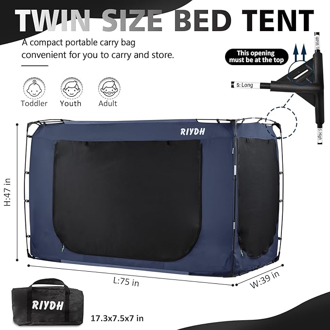 Twin Size Bed Tent - Original Design Portable Dream Tent - 80% Blackout - 3 Doors - Breathable - Suitable for Adults and Kids - Ideal for Shared Rooms Dorm Rooms Travel