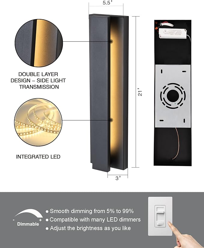 Outdoor Wall Lights Fixture 21inch LED Modern Wall Sconce Black Aluminum Exterior Porch Light Fixture Long Wall Mount Lighting for House Patio Front Porch Garage