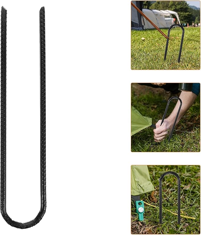 4pcs Heavy Duty Steel U-Shaped Tent Stake Anchors 8x300mm Black Wind Stakes for Camping Garden Landscaping Ground Staples