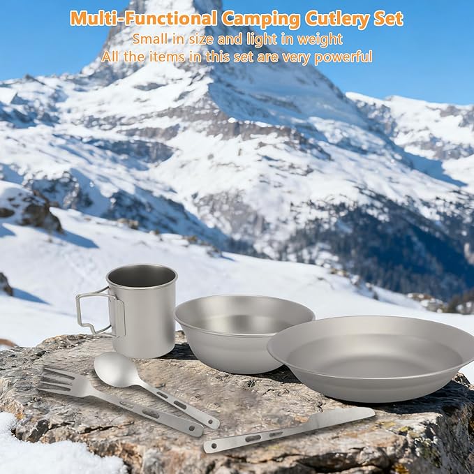 Camping Cutlery Set 10 Piece with Plate Bowl Cup Knife Fork Spoon Lightweight Portable Mess Kit for Camping Travel Picnic and Outdoor Dining
