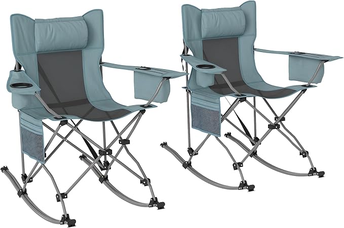Outsunny Folding Rocking Camping Chairs for Adults Portable Outdoor Rocking Chairs with Headrest Cooler Bag Cup Holder Carry Bag for Picnic Outside and Outdoor Travel 2 Pack Gray