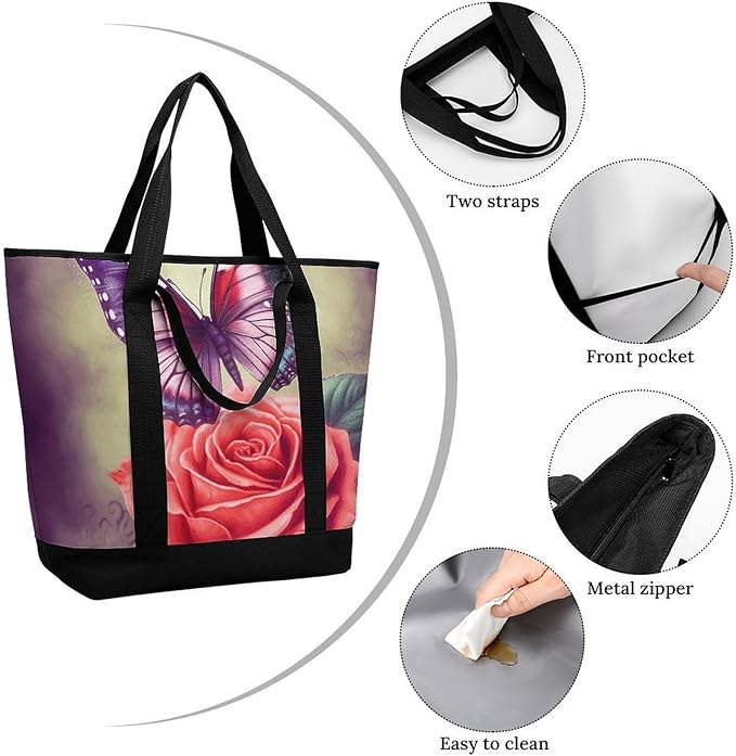 Insulated Shopping BagLarge Reusable Cooler Bags Butterfly And Rose Printed Foldable Shopping BagTravel Waterproof Shoulder Bag