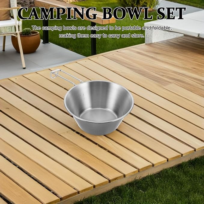 NOLITOY Portable Stainless Steel Camping Bowls Set with Foldable Handle Heat Cold Resistant Outdoor Backpacking Dinnerware for Hiking Picnic and Travel