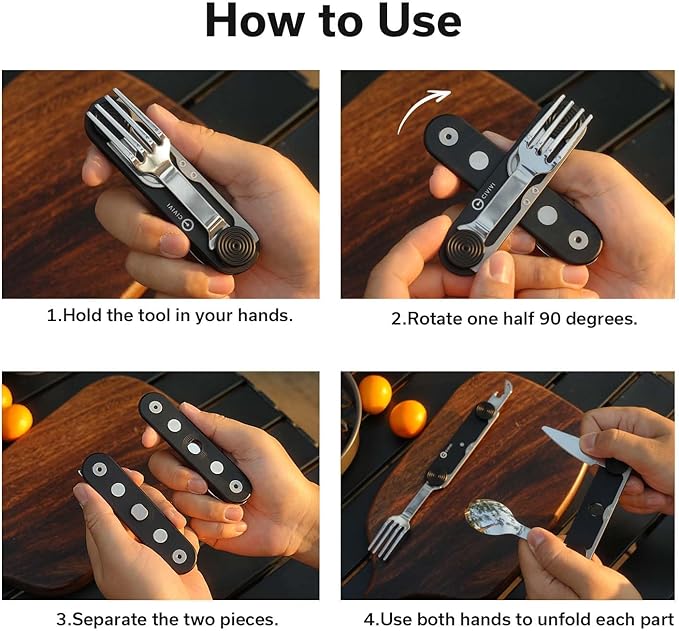 CIVIVI Partake 4-in-1 Camping Utensil Detachable Stainless Steel Folding Knife Fork Spoon &amp Bottle Opener Multi-Tool with Waxed Canvas Pouch for Travel Camping Hiking C24032C-1 Black