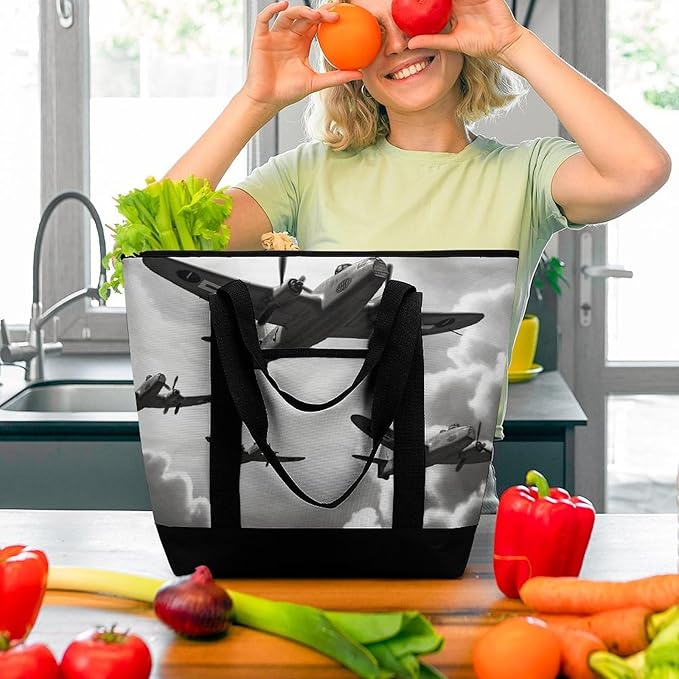 Insulated Shopping BagLarge Reusable Cooler Bags World War Printed Foldable Shopping BagTravel Waterproof Shoulder Bag