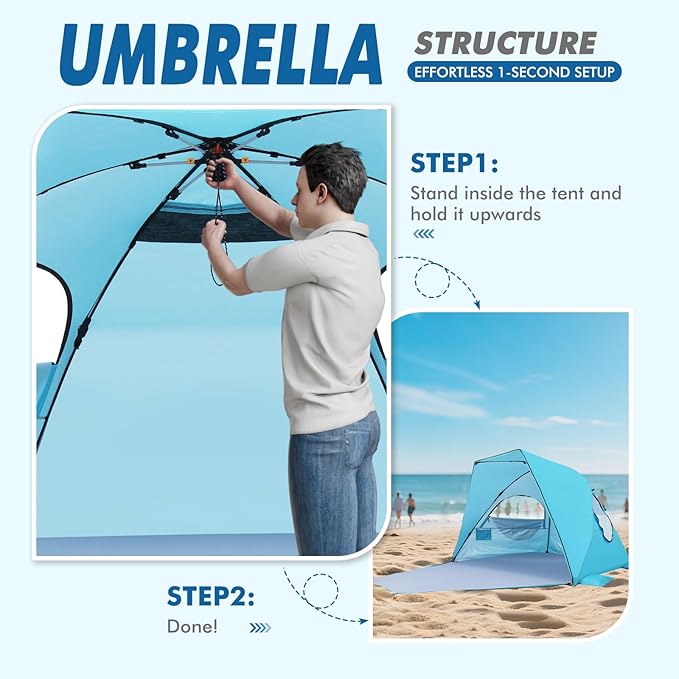 Elegear CumbreX™ Beach Tent with Canopy 4-6 Person 1-Second Umbrella-Style Setup Pop Up Sun Shelter Shade UPF 50+ UV Protection Four-Layer Silver-Coated Lightweight Portable Beach Cabana - Aqua Blue