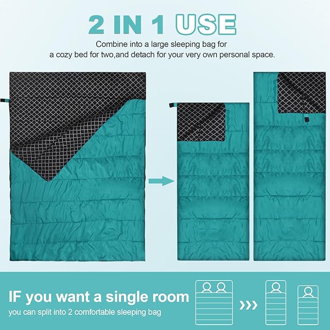 AGEMORE Cotton Flannel Double Sleeping Bag for Camping Backpacking Or Hiking. Queen Size 2 Person Waterproof Sleeping Bag for Adults Or Teens. Lightweight with Compression Sack
