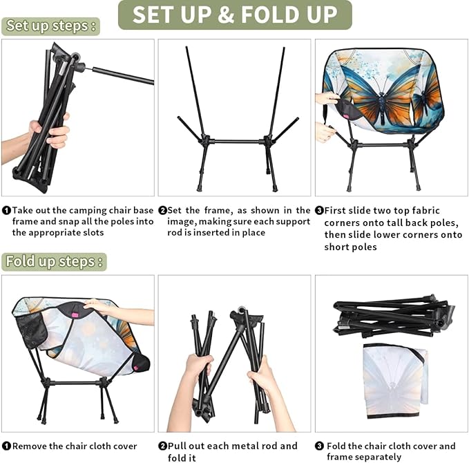 Portable Camping Chair Artistic Butterfly Ultralight Folding Camping Chair Gothic Butterfly Backpacking Hiking Chair with Cup Holder for Outdoor Travel Beach Picnic Festival 176 lbs Capacity