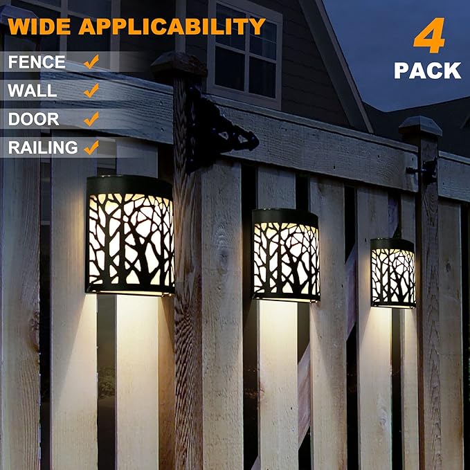 DenicMic Solar Wall Lights Outdoor Wall Sconce Fence Lighting for Patio Front Door Yard Deck Stair Led Forest Decorative Lamps Waterproof Warm White Color Changing (4 Pack)