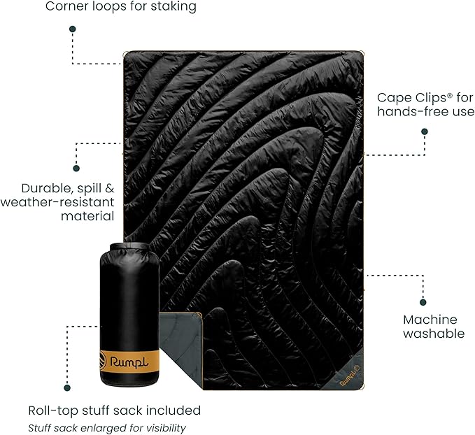 Rumpl Original Puffy Blanket - Warm Water-Resistant Camping Blanket with 100% Recycled Synthetic Insulation 52x75 Original Puffy V2 Black