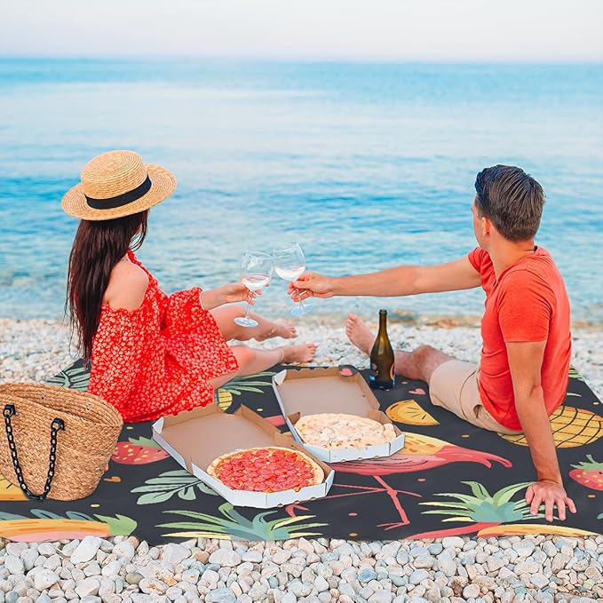Waterproof Sandproof Beach Blanket 59''×68'' Flamingos Polyester Outdoor Picnic Blanket with 4 Stakes &amp Storage Bag for BeachCampingVacation Pineapple