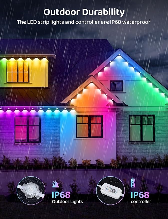 200FT IP68 WiFi DIY Design Permanent Outdoor LightArbitrary Trimming Smart RGB+IC Waterproof LED Eaves Lights for Christmas DecorationsHalloweenCompatible with AlexaGoogle Assistant