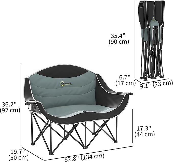 Outsunny Double Camping Chair for Adults Padded Folding Camp Chair for 2 Person with Armrest Wine Glass Holder Cup Holder Carry Bag for Outdoor Sports Picnics Supports up to 552 lbs.