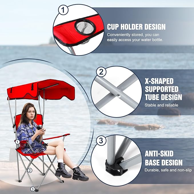 Camping Chair with Canopy Portable Outdoor Folding Beach Chairs with Cup Holder 330LBS Load Lawn Chair for Outside Fishing Beach Picnic (Red)