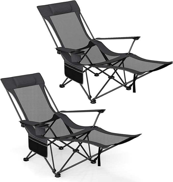 GYMAX Reclining Camping Chairs with Footrest Lightweight Foldable Camping Chairs with Cup Holders Adjustable Backrest Headrest Heavy Duty Camp Chair for Adult Outdoor Fishing Beach (Grey2)
