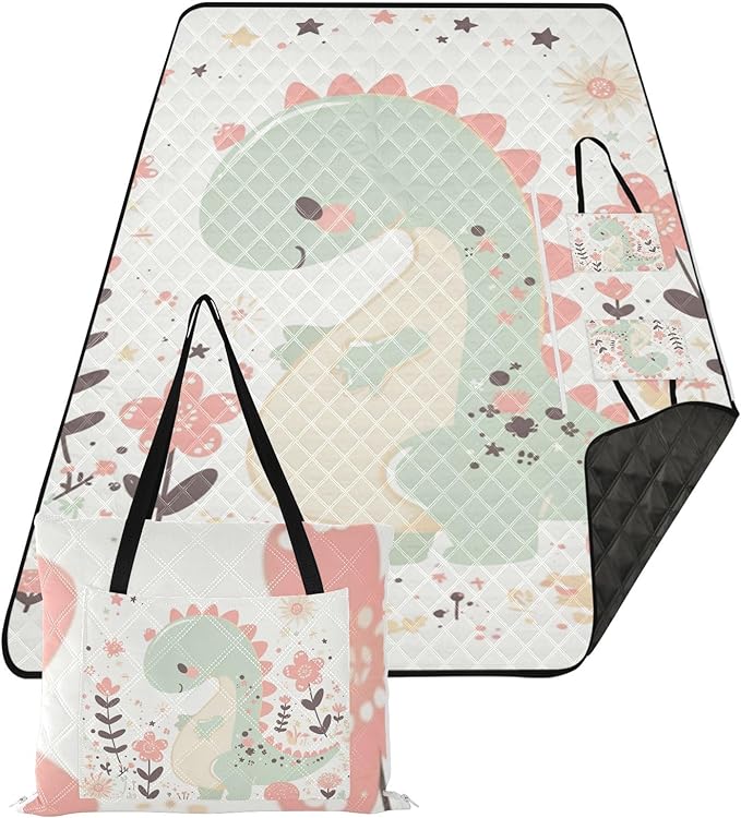 KLL Cartoon Dinosaur Childlike Doodle Style Pastel Colors Waterproof Picnic Accessories Water Resistant Grass Garden Mat for Ground Spring Gifts cobija para picnic
