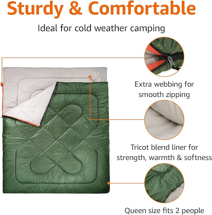 Amazon Basics 40°F Cold Weather Two-Person Sleeping Bag for Outdoor Camping Queen Size XL 87 x 59 Olive Green