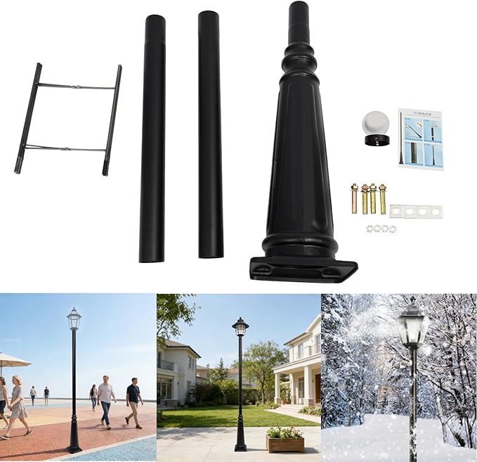 8FT Outdoor Lamp Post Split Street Light Pole with Top Globe &amp Ground Cage Lighting Post Fixtures for Pathway Courtyard Parking Lot Fits Standard 3 Post Top Fixtures (8FT 275+76mm)