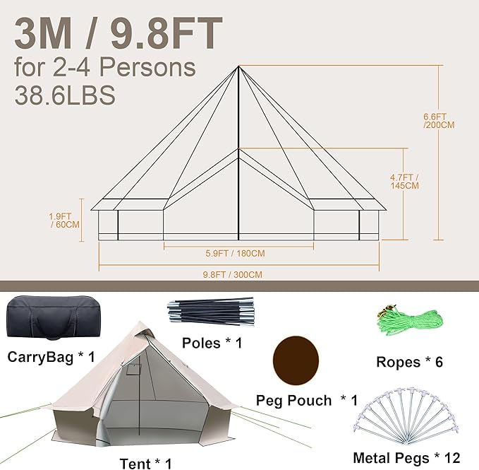 Yurt Tent 118 x 118 x 79 in 4-Season Camping Tent with Stove Jack 2-3 Person Oxford Tents Waterproof Bell Tent and Windproof Easy SetupTraveling Hiking Picnic