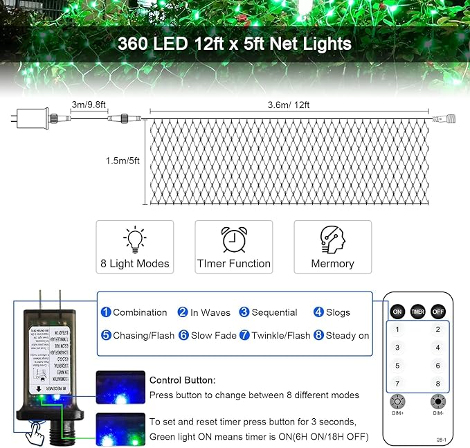 JMEXSUSS Green Christmas Net Lights 360 LED 12ft x 5ft Bush Lights Outdoor Plug in 8 Modes with Remote Connectable for Christmas Patrick Day Decorations Clear Wire