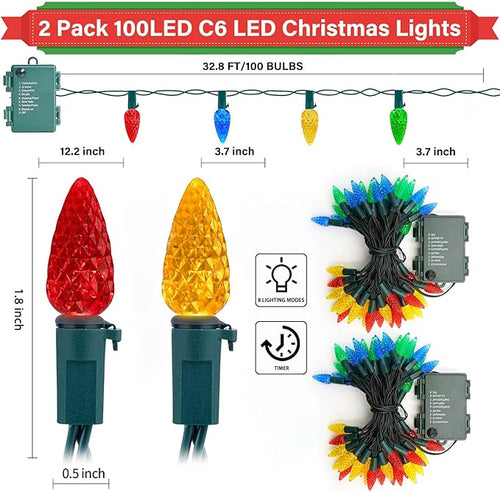 2 Pack 100LED C6 Christmas Lights Battery Operated 16.4FT C6 Christmas Lights Battery Powered with Timer 8 Modes Waterproof for Outdoor Garden Patio Indoor Xmas Tree Bedroom Party Multi-Color