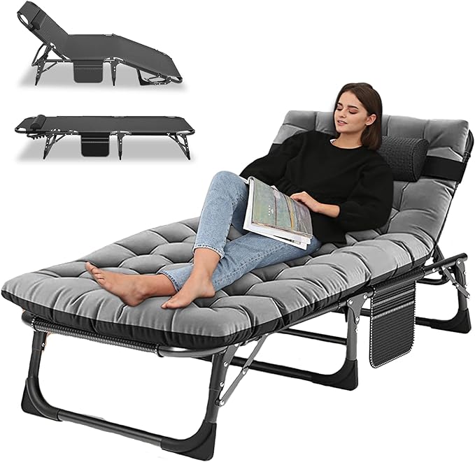 Camping Cot Adjustable 4-Position Adults Reclining Folding Chaise with Pillow Outdoor Portable Lounge Chair Sleeping Cots Bed Perfect for Camping Pool Beach Patio