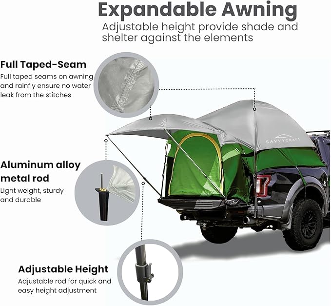 Savvycraft Pickup Truck Tent for Full Size and Mid Size Truck Short Bed and Long Bed Waterproof P3000mm 2-Person Double Layer Truck Bed Camping Tent Expandable Awning Rainfly Storage Bag Included