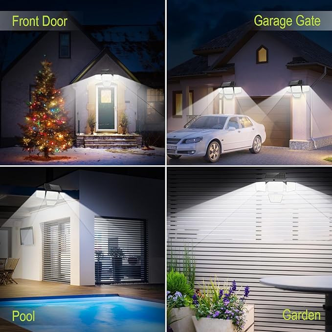 3000LM Solar Lights Outdoor with Motion Sensor4 Head 270° Wide Angle Street Area LightsIP65 Waterproof Security Lighting with 3 Modes(Remote2 Pcs)