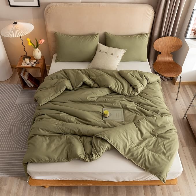 ROSGONIA Queen Comforter Set Olive Green 3pcs Bedding Sets Queen (1 Boho Olive Comforter &amp 2 Pillowcases) All Season Lightweight Blanket Quilt