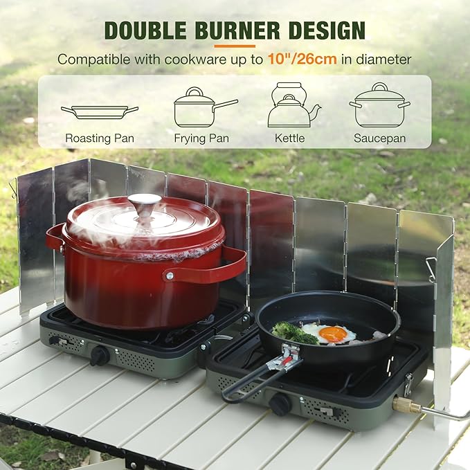 2 Burner Camping Stove with Windscreen Portable Folding Gas Stove with 17200 BTU Adjustable Burners12 Plates Foldable Aluminum Camping Stove Windshield Suitable for Propane &amp Butane