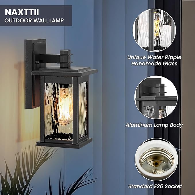 Outdoor Wall Lights Waterproof Black Exterior Llighting Fixtures with Water Ripple Glass 12 Inch Height Porch Lights Outdoor Anti-Rust Aluminum Material and E26 Socket