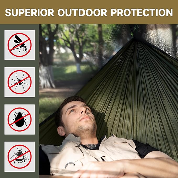 Camping Hammock with Mosquito Net and Ridge Rope Extra Large for 2 Person Lightweight Hanging Hammocks Tree Straps All-in-one Fast Open Hammock for Outside Hiking and Travel