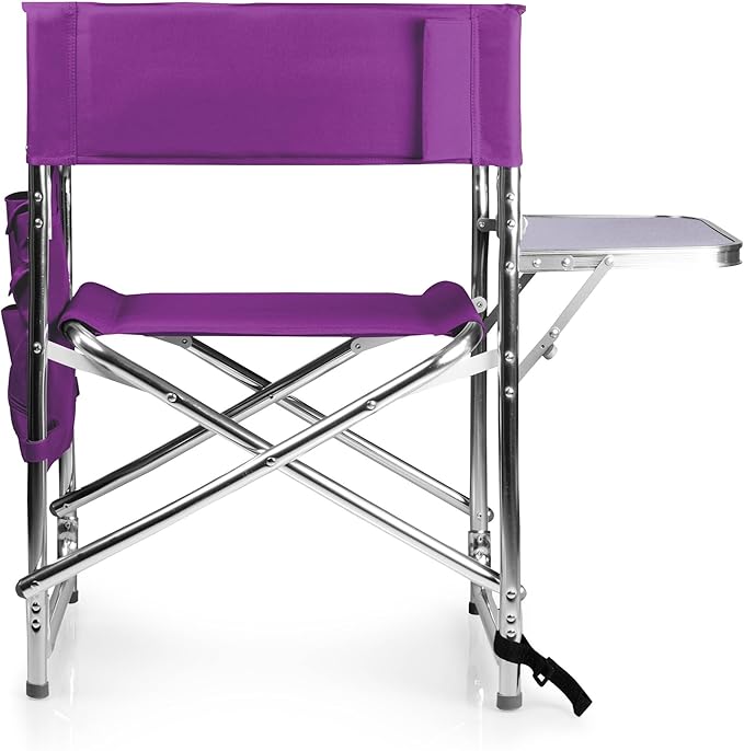 PICNIC TIME Sports Chair with Side Table and Armrest Caddy Lightweight Aluminum Folding Outdoor Camping Chair for Adults Portable Director Style Lawn Seating with Pockets &amp Carry Strap (Purple)