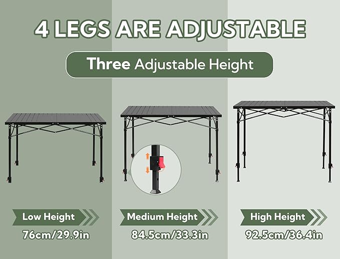 Portable Outdoor Adjustable Height Camping Table Large for 2-6 Person Foldable Roll-up Aluminum Camp Table with Carry Bag for Picnic Camp Sturdy Stable Loads 220 Lbs (Black)