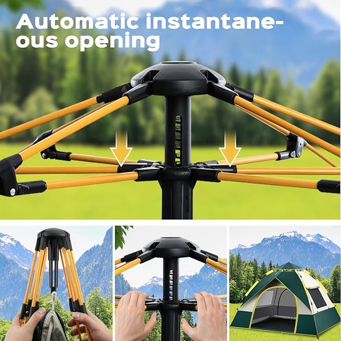 Automatic Instant Setup Camping Tent | All-Season with Dual Doors &amp Mesh Windows Windproof Lightweight Oxford Cloth Zipper Closure Fiber Brackets for Camping