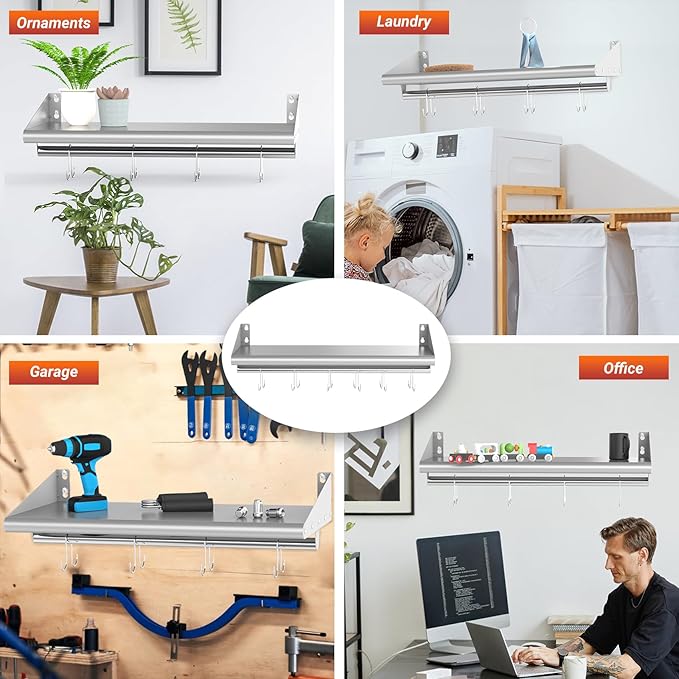 Skyflame 12 x 36 Wall Shelf with 6 Hanging Hooks for Storage Stainless Steel Commercial Shelving with Side Guards for Bar Utility Room Kitchen Garage