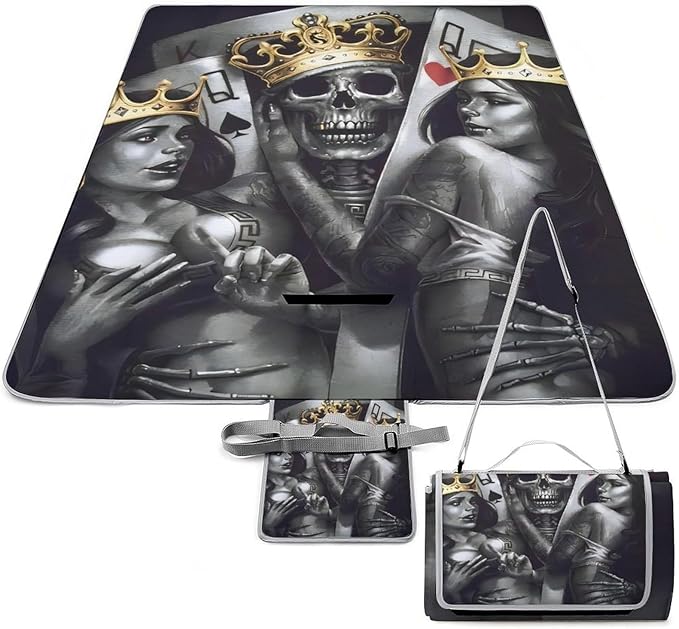 Gothic Skulls Damask Style Black White Waterproof Outdoor Picnic Blanket Sandproof Beach Mat for Camping Hiking Grass Travelling