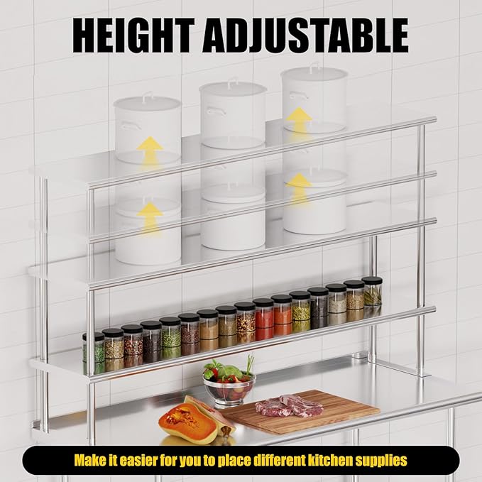 Double Overshelf 2 Tier Stainless Steel Shelf 12 x 60 Inches Weight Capacity 400 lb for Prep &amp Work Table in Restaurant Home and Kitchen