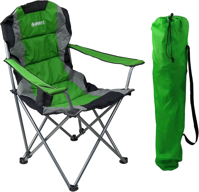 GigaTent Green Folding Camping Chair – Ultra Lightweight Collapsible Quad Padded Lawn Seat with Full Back Arm Rests Cup Holder and Shoulder Strap Carrying Bag – Powder Coated Steel Frame