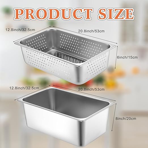 Tioncy 2 Pack Full Size Hotel Pans with Perforated Steam Pan Stainless Steel Steam Table Pan Multifunctional Food Chafing Supplies for Restaurant Kitchen(Full Size 6 Inches 8 Inches)