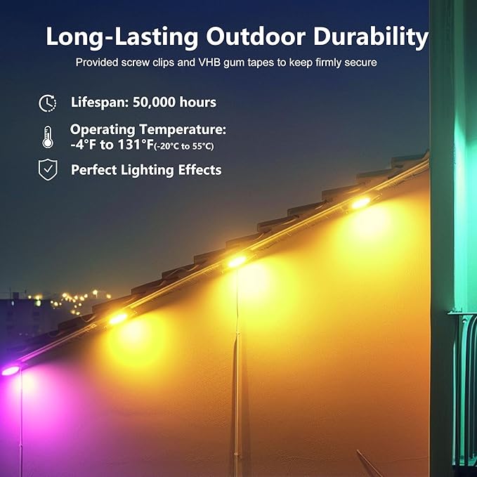 ASLONG Permanent Outdoor Lights with App &amp Remote 100ft Smart Eaves Lights with RGBW LEDs Endless Light Colors Daily and Accent Lighting IP67 Waterproof for Halloween Christmas Holiday Part