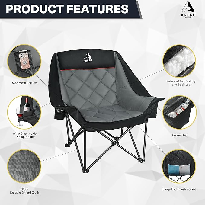 Oversized XL Camping Chair for Adults Heavy Duty | 450LBS Support Padded Folding Lawn Chairs with Side Pocket Cup Holder Cooling Bag for Outdoor Sports Garden Beach Fishing