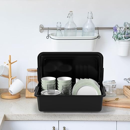 13 L Plastic Bus Box with Lid Commercial Bus Tub Black 3 Packs