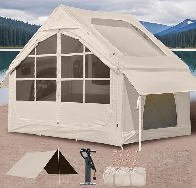 Inflatable Camping Tent2/4/6/8 Person Glamping Inflatable Tents with Awning Quick Setup Blow Up Tents with Pump Waterproof Oxford Inflatable House for Camping Air Glamping Hot Tents for Adult