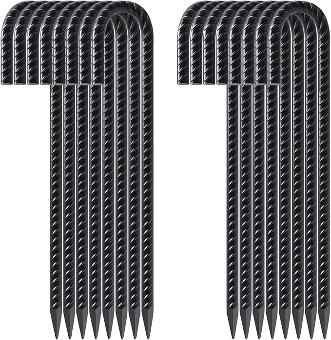 FEED GARDEN 12 Inch 16 Pack Rebar Stakes Heavy Duty J Hook Galvanized Ground Stakes Tent Stakes Steel Ground Anchors Chain Link Fence Stakes Trampoline Stakes Black