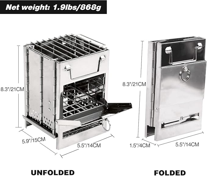 REDCAMP Wood Burning Folding Camp Stove Stainless Steel Grill Portable Collapsible Backpacking Stove Survival Rocket Stove for Hiking Outdoor Tent Camping Picnic BBQ Samll