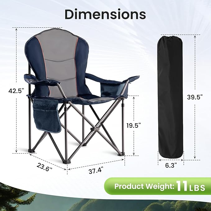 Folding Camping Chairs for Adults - High Back Padded Outdoor Lawn Chairs with Lumbar Support &amp Cup Holder (Blue &amp Gray 1 Pack)