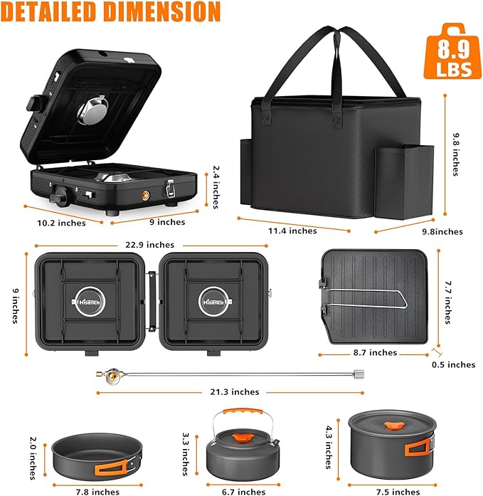 Hisencn Camping Stove2 Burner Propane Stove20000 BTU/h Camping Cooking set Includes Frying PanKettle and PotAdjustable Burners &amp Piezo IgnitionPortable stove for camping OutdoorBlack