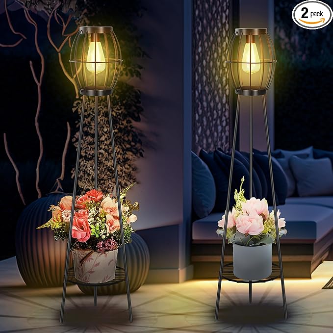 2 Pack Solar Lights Outdoor with Plant Stands Solar Floor Lamp Solar Powered Street Light Metal Tripod Deck Lights Patio Decor for Garden Yard Pathway Driveway Porch