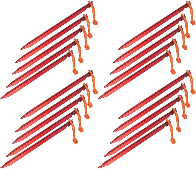 20pcs V Shape Heavy Duty Tent Stakes with Ropes Aluminum Alloy Tent Pegs for Camping Canopy 9 Inch Long Outdoor Tent Garden Stakes for Secure Ground Penetration in All Soil Types (Red)